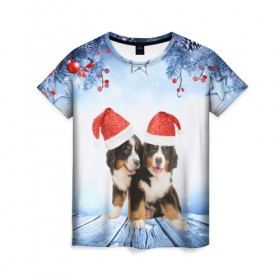 Женская футболка 3D с принтом Новогодние собачки в Новосибирске, 100% полиэфир ( синтетическое хлопкоподобное полотно) | прямой крой, круглый вырез горловины, длина до линии бедер | christmas | new year | santa | год собаки | елка | елочки | новогодний | новый год | рождество | снег | снежинки | собака