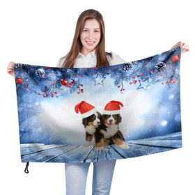 Флаг 3D с принтом Новогодние собачки в Новосибирске, 100% полиэстер | плотность ткани — 95 г/м2, размер — 67 х 109 см. Принт наносится с одной стороны | christmas | new year | santa | год собаки | елка | елочки | новогодний | новый год | рождество | снег | снежинки | собака