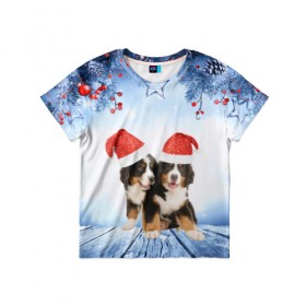 Детская футболка 3D с принтом Новогодние собачки в Новосибирске, 100% гипоаллергенный полиэфир | прямой крой, круглый вырез горловины, длина до линии бедер, чуть спущенное плечо, ткань немного тянется | Тематика изображения на принте: christmas | new year | santa | год собаки | елка | елочки | новогодний | новый год | рождество | снег | снежинки | собака