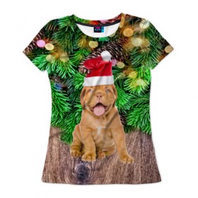 Женская футболка 3D с принтом DOG в Новосибирске, 100% полиэфир ( синтетическое хлопкоподобное полотно) | прямой крой, круглый вырез горловины, длина до линии бедер | christmas | new year | santa | год собаки | дед мороз | елка | елочки | новогодний | новый год | рождество | сантаклаус | снег | снежинки | собака