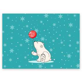 Поздравительная открытка с принтом Мишка и шарик в Новосибирске, 100% бумага | плотность бумаги 280 г/м2, матовая, на обратной стороне линовка и место для марки
 | зима | медведь | новый год | подарок | рождество