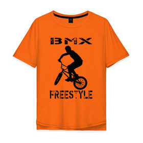 Мужская футболка хлопок Oversize с принтом BMX FreeStyle в Новосибирске, 100% хлопок | свободный крой, круглый ворот, “спинка” длиннее передней части | Тематика изображения на принте: bmx | freestyle | велик | велосипед | трюки | экстрим