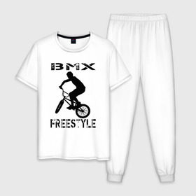 Мужская пижама хлопок с принтом BMX FreeStyle в Новосибирске, 100% хлопок | брюки и футболка прямого кроя, без карманов, на брюках мягкая резинка на поясе и по низу штанин
 | bmx | freestyle | велик | велосипед | трюки | экстрим