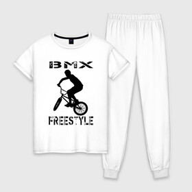 Женская пижама хлопок с принтом BMX FreeStyle в Новосибирске, 100% хлопок | брюки и футболка прямого кроя, без карманов, на брюках мягкая резинка на поясе и по низу штанин | Тематика изображения на принте: bmx | freestyle | велик | велосипед | трюки | экстрим