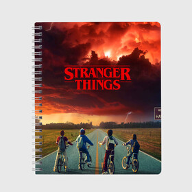 Тетрадь с принтом Stranger Things в Новосибирске, 100% бумага | 48 листов, плотность листов — 60 г/м2, плотность картонной обложки — 250 г/м2. Листы скреплены сбоку удобной пружинной спиралью. Уголки страниц и обложки скругленные. Цвет линий — светло-серый
 | stranger things | очень странные дела