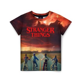 Детская футболка 3D с принтом Stranger Things в Новосибирске, 100% гипоаллергенный полиэфир | прямой крой, круглый вырез горловины, длина до линии бедер, чуть спущенное плечо, ткань немного тянется | Тематика изображения на принте: stranger things | очень странные дела