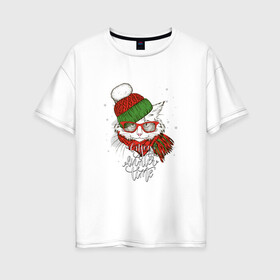 Женская футболка хлопок Oversize с принтом Котик в шапке в Новосибирске, 100% хлопок | свободный крой, круглый ворот, спущенный рукав, длина до линии бедер
 | зима | кот | новый год | подарок | рождество