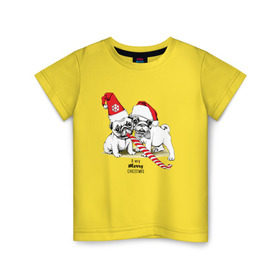 Детская футболка хлопок с принтом Мопсы в Новосибирске, 100% хлопок | круглый вырез горловины, полуприлегающий силуэт, длина до линии бедер | Тематика изображения на принте: зима | мопс | новый год | подарок | рождество