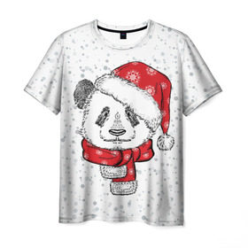 Мужская футболка 3D с принтом Панда Санта в Новосибирске, 100% полиэфир | прямой крой, круглый вырез горловины, длина до линии бедер | дед мороз | зима | медведь | праздник | рождество | санта клаус | снег | шапка | шарф