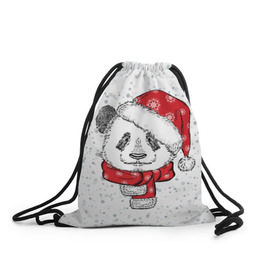 Рюкзак-мешок 3D с принтом Панда Санта в Новосибирске, 100% полиэстер | плотность ткани — 200 г/м2, размер — 35 х 45 см; лямки — толстые шнурки, застежка на шнуровке, без карманов и подкладки | дед мороз | зима | медведь | праздник | рождество | санта клаус | снег | шапка | шарф