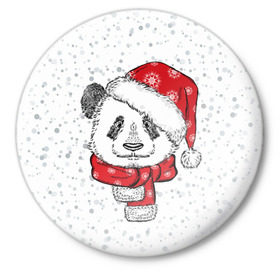 Значок с принтом Панда Санта в Новосибирске,  металл | круглая форма, металлическая застежка в виде булавки | дед мороз | зима | медведь | праздник | рождество | санта клаус | снег | шапка | шарф