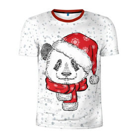 Мужская футболка 3D спортивная с принтом Панда Санта в Новосибирске, 100% полиэстер с улучшенными характеристиками | приталенный силуэт, круглая горловина, широкие плечи, сужается к линии бедра | дед мороз | зима | медведь | праздник | рождество | санта клаус | снег | шапка | шарф