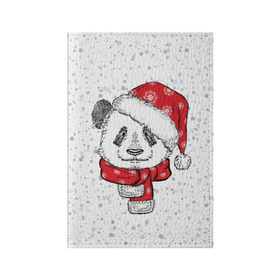 Обложка для паспорта матовая кожа с принтом Панда Санта в Новосибирске, натуральная матовая кожа | размер 19,3 х 13,7 см; прозрачные пластиковые крепления | дед мороз | зима | медведь | праздник | рождество | санта клаус | снег | шапка | шарф