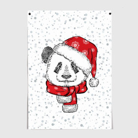 Постер с принтом Панда Санта в Новосибирске, 100% бумага
 | бумага, плотность 150 мг. Матовая, но за счет высокого коэффициента гладкости имеет небольшой блеск и дает на свету блики, но в отличии от глянцевой бумаги не покрыта лаком | дед мороз | зима | медведь | праздник | рождество | санта клаус | снег | шапка | шарф