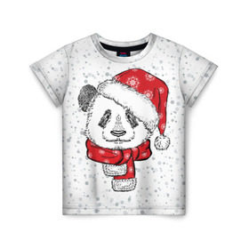 Детская футболка 3D с принтом Панда Санта в Новосибирске, 100% гипоаллергенный полиэфир | прямой крой, круглый вырез горловины, длина до линии бедер, чуть спущенное плечо, ткань немного тянется | дед мороз | зима | медведь | праздник | рождество | санта клаус | снег | шапка | шарф
