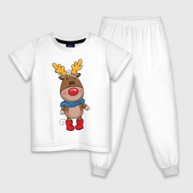 Детская пижама хлопок с принтом Олень в шарфике в Новосибирске, 100% хлопок |  брюки и футболка прямого кроя, без карманов, на брюках мягкая резинка на поясе и по низу штанин
 | новогодний олень | олень | олень в шарфике