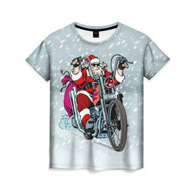 Женская футболка 3D с принтом Санта Клаус байкер в Новосибирске, 100% полиэфир ( синтетическое хлопкоподобное полотно) | прямой крой, круглый вырез горловины, длина до линии бедер | байк | дед мороз | зима | мотоцикл | рождество | снег