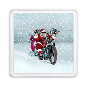 Магнит 55*55 с принтом Санта Клаус байкер в Новосибирске, Пластик | Размер: 65*65 мм; Размер печати: 55*55 мм | байк | дед мороз | зима | мотоцикл | рождество | снег