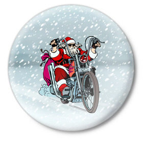 Значок с принтом Санта Клаус байкер в Новосибирске,  металл | круглая форма, металлическая застежка в виде булавки | байк | дед мороз | зима | мотоцикл | рождество | снег