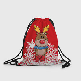 Рюкзак-мешок 3D с принтом Олень в шарфике в Новосибирске, 100% полиэстер | плотность ткани — 200 г/м2, размер — 35 х 45 см; лямки — толстые шнурки, застежка на шнуровке, без карманов и подкладки | Тематика изображения на принте: новогодний олень | новый год | олень | олень в шарфике | подарок на новый год