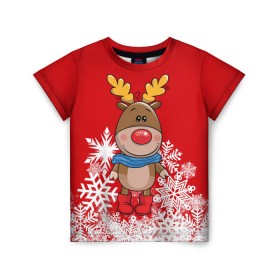 Детская футболка 3D с принтом Олень в шарфике в Новосибирске, 100% гипоаллергенный полиэфир | прямой крой, круглый вырез горловины, длина до линии бедер, чуть спущенное плечо, ткань немного тянется | Тематика изображения на принте: новогодний олень | новый год | олень | олень в шарфике | подарок на новый год