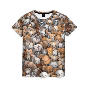 Женская футболка 3D с принтом Щенки в Новосибирске, 100% полиэфир ( синтетическое хлопкоподобное полотно) | прямой крой, круглый вырез горловины, длина до линии бедер | бультерьер | корги | мопс | паттерн | пес | питбуль | породы | собака | собачка | хаски | щенок