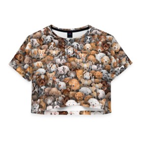 Женская футболка 3D укороченная с принтом Щенки в Новосибирске, 100% полиэстер | круглая горловина, длина футболки до линии талии, рукава с отворотами | бультерьер | корги | мопс | паттерн | пес | питбуль | породы | собака | собачка | хаски | щенок