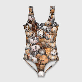 Купальник-боди 3D с принтом Щенки в Новосибирске, 82% полиэстер, 18% эластан | Круглая горловина, круглый вырез на спине | Тематика изображения на принте: бультерьер | корги | мопс | паттерн | пес | питбуль | породы | собака | собачка | хаски | щенок
