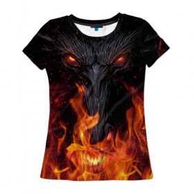 Женская футболка 3D с принтом Огненный дракон в Новосибирске, 100% полиэфир ( синтетическое хлопкоподобное полотно) | прямой крой, круглый вырез горловины, длина до линии бедер | арт | глаза | дракон | огонь | пламя