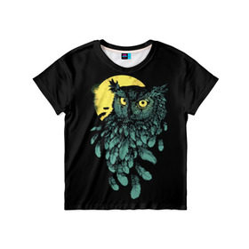 Детская футболка 3D с принтом Филин в Новосибирске, 100% гипоаллергенный полиэфир | прямой крой, круглый вырез горловины, длина до линии бедер, чуть спущенное плечо, ткань немного тянется | bird | moon | mystery | night | owl | predator | view | watch | взгляд | дозор | луна | мистика | ночь | птица | сова | филин | хищник