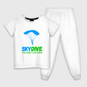 Детская пижама хлопок с принтом skydive в Новосибирске, 100% хлопок |  брюки и футболка прямого кроя, без карманов, на брюках мягкая резинка на поясе и по низу штанин
 | Тематика изображения на принте: adrenaline | base jumping | extreme | jump | parachute | sky | skydive | адреналин | бейс | бейсджампинг | высота | небо | облака | парашют | полет | прыжок | риск | самолет | свобода | экстрим