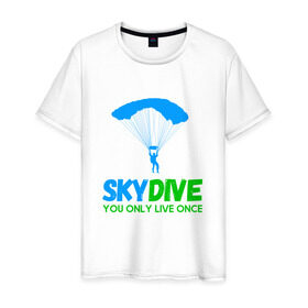 Мужская футболка хлопок с принтом skydive в Новосибирске, 100% хлопок | прямой крой, круглый вырез горловины, длина до линии бедер, слегка спущенное плечо. | adrenaline | base jumping | extreme | jump | parachute | sky | skydive | адреналин | бейс | бейсджампинг | высота | небо | облака | парашют | полет | прыжок | риск | самолет | свобода | экстрим