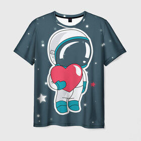 Мужская футболка 3D с принтом Космонавт в Новосибирске, 100% полиэфир | прямой крой, круглый вырез горловины, длина до линии бедер | cosmonaut | cosmos | cute | heart | love | космонавт | космос | любовь | мило | сердце