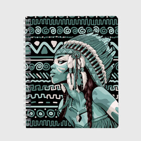 Тетрадь с принтом Девушка индеец в Новосибирске, 100% бумага | 48 листов, плотность листов — 60 г/м2, плотность картонной обложки — 250 г/м2. Листы скреплены сбоку удобной пружинной спиралью. Уголки страниц и обложки скругленные. Цвет линий — светло-серый
 | Тематика изображения на принте: beautiful | body art | braids | feathers | fringe | girl | indian | mohawk | ornament | pendant | profile | бахрома | боди арт | девушка индеец | ирокез | косы | кулон | орнамент | перья | профиль
