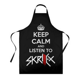 Фартук 3D с принтом Skrillex keep calm в Новосибирске, 100% полиэстер | общий размер — 65 х 85 см, ширина нагрудника — 26 см, горловина — 53 см, длина завязок — 54 см, общий обхват в поясе — 173 см. Принт на завязках и на горловине наносится с двух сторон, на основной части фартука — только с внешней стороны | dub step | dubstep | keep calm | skrillex | даб степ | дабстеп | диджей | драм энд басс | скрилекс