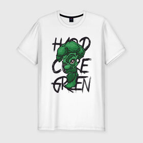 Мужская футболка премиум с принтом Брокколи Hardcore Green в Новосибирске, 92% хлопок, 8% лайкра | приталенный силуэт, круглый вырез ворота, длина до линии бедра, короткий рукав | beard | broccoli | vegan | vegeterian | борода | брокколи | веган | вегетарианец | вегетарианство | зеленый | овощ | персонаж | слоган | усы