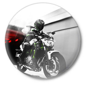 Значок с принтом Kawasaki в Новосибирске,  металл | круглая форма, металлическая застежка в виде булавки | Тематика изображения на принте: motorbike | motorcycle | race | rider | ryder | speed | yamaha | байк | гонки | гонщик | кавасаки | мото | мотобайк | мотоцикл | райдер | скорость | ямаха