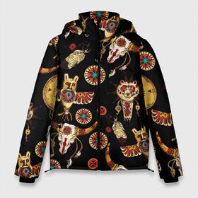 Мужская зимняя куртка 3D с принтом Индейский орнамент в Новосибирске, верх — 100% полиэстер; подкладка — 100% полиэстер; утеплитель — 100% полиэстер | длина ниже бедра, свободный силуэт Оверсайз. Есть воротник-стойка, отстегивающийся капюшон и ветрозащитная планка. 

Боковые карманы с листочкой на кнопках и внутренний карман на молнии. | Тематика изображения на принте: amulets | bulls | feathers | indian ornament | masks | owls | patterns | skulls | tambourines | амулеты | бубны | быки | индейский орнамент | маски | перья | совы | узоры | черепа