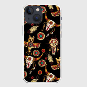 Чехол для iPhone 13 mini с принтом Индейский орнамент в Новосибирске,  |  | amulets | bulls | feathers | indian ornament | masks | owls | patterns | skulls | tambourines | амулеты | бубны | быки | индейский орнамент | маски | перья | совы | узоры | черепа