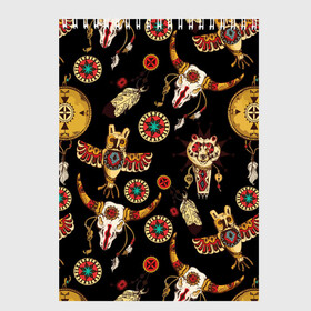 Скетчбук с принтом Индейский орнамент в Новосибирске, 100% бумага
 | 48 листов, плотность листов — 100 г/м2, плотность картонной обложки — 250 г/м2. Листы скреплены сверху удобной пружинной спиралью | amulets | bulls | feathers | indian ornament | masks | owls | patterns | skulls | tambourines | амулеты | бубны | быки | индейский орнамент | маски | перья | совы | узоры | черепа