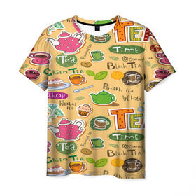 Мужская футболка 3D с принтом Tea bombing в Новосибирске, 100% полиэфир | прямой крой, круглый вырез горловины, длина до линии бедер | char | tea | tea party | еда | конфеты | лимон | напиток | печенье | сладости | тортики | чай | чашка