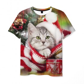 Мужская футболка 3D с принтом Новогодний котик в Новосибирске, 100% полиэфир | прямой крой, круглый вырез горловины, длина до линии бедер | елка | зима | кот | котейка | кошка | мороз | новый год | снег