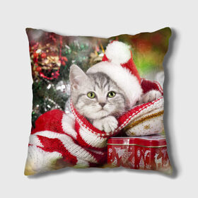 Подушка 3D с принтом Новогодний котик в Новосибирске, наволочка – 100% полиэстер, наполнитель – холлофайбер (легкий наполнитель, не вызывает аллергию). | состоит из подушки и наволочки. Наволочка на молнии, легко снимается для стирки | елка | зима | кот | котейка | кошка | мороз | новый год | снег