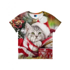 Детская футболка 3D с принтом Новогодний котик в Новосибирске, 100% гипоаллергенный полиэфир | прямой крой, круглый вырез горловины, длина до линии бедер, чуть спущенное плечо, ткань немного тянется | елка | зима | кот | котейка | кошка | мороз | новый год | снег