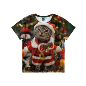 Детская футболка 3D с принтом Прикольный Санта в Новосибирске, 100% гипоаллергенный полиэфир | прямой крой, круглый вырез горловины, длина до линии бедер, чуть спущенное плечо, ткань немного тянется | елка | зима | кот | котейка | кошка | мороз | новый год | снег | снежинки