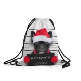 Рюкзак-мешок 3D с принтом Прикольный Санта в Новосибирске, 100% полиэстер | плотность ткани — 200 г/м2, размер — 35 х 45 см; лямки — толстые шнурки, застежка на шнуровке, без карманов и подкладки | елка | зима | мороз | новый год | снег | снежинки | собака