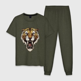 Мужская пижама хлопок с принтом Тигр тигр тигрррррррр в Новосибирске, 100% хлопок | брюки и футболка прямого кроя, без карманов, на брюках мягкая резинка на поясе и по низу штанин
 | оскал | тигр