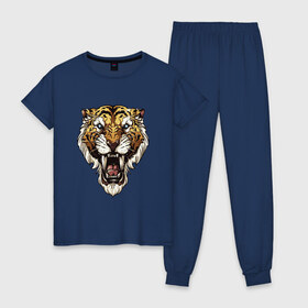 Женская пижама хлопок с принтом Тигр тигр тигрррррррр в Новосибирске, 100% хлопок | брюки и футболка прямого кроя, без карманов, на брюках мягкая резинка на поясе и по низу штанин | оскал | тигр
