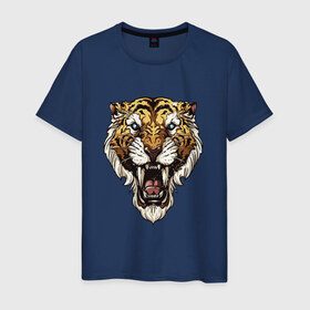 Мужская футболка хлопок с принтом Тигр тигр тигрррррррр в Новосибирске, 100% хлопок | прямой крой, круглый вырез горловины, длина до линии бедер, слегка спущенное плечо. | оскал | тигр