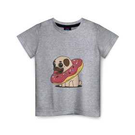 Детская футболка хлопок с принтом Мопс пончик в Новосибирске, 100% хлопок | круглый вырез горловины, полуприлегающий силуэт, длина до линии бедер | Тематика изображения на принте: мопс | новый год | пончик